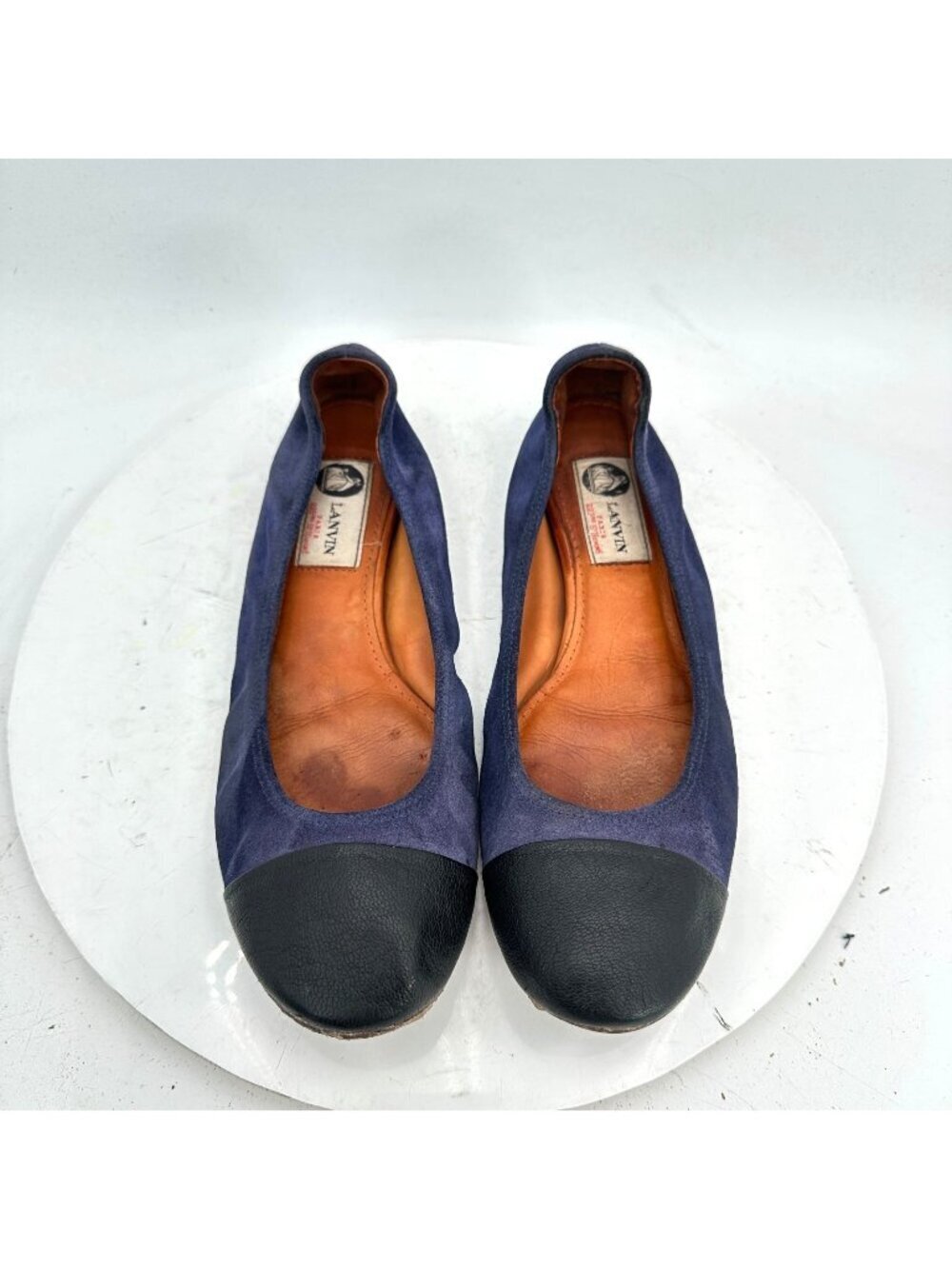 Lanvin Women Size 7.5 Navy Blue Leather Black Cap Toe Slip On Flat Comfort Shoes